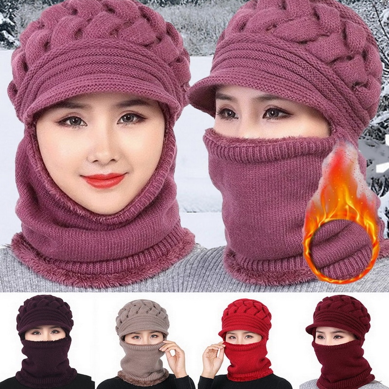 Gorro de lana de Coral para mujer, gorros de invierno, bufanda, gorro de punto de lana transpirable cálido para mujer, Gorros de protección de doble capa