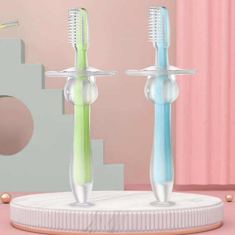 Cepillos dentales de entrenamiento para bebé, cepillo Dental de silicona suave con mango encantador con ventosa, cepillos dentales de entrenamiento sin BPA