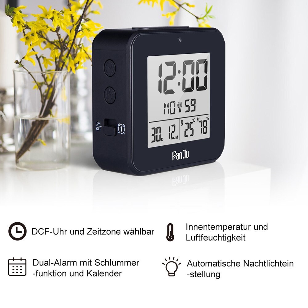 Reloj despertador Digital Dcf, termómetro, higrómetro, relojes de mesa de escritorio, 2 alarmas diarias, función de retroiluminación automática