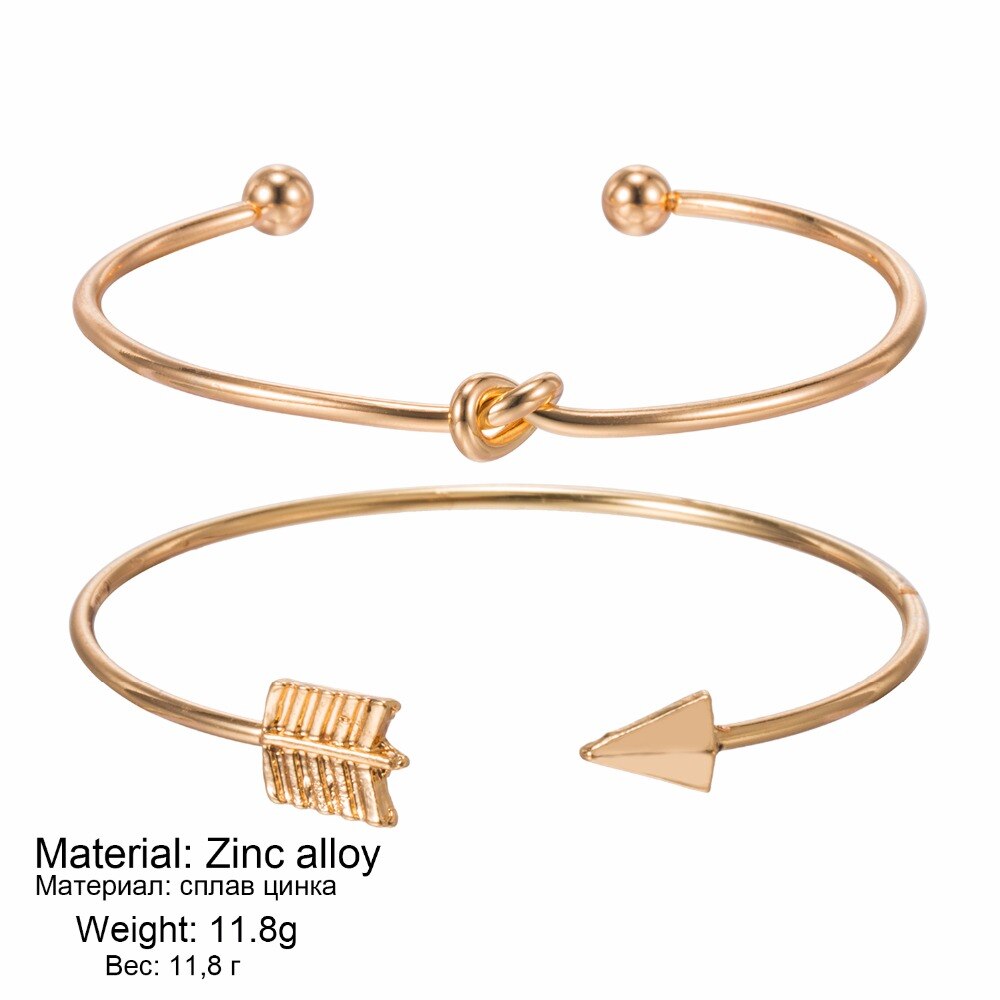 2 stks/set Vintage twist Manchet Open Armband Bangles voor Vrouwen Eenvoudige Gouden Kleur Pijl Geknoopt Charms Armband Sieraden Vrouwelijke