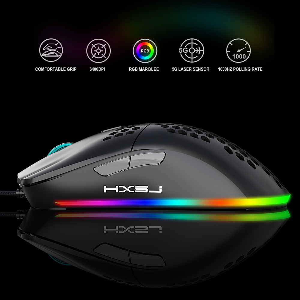 HXSJ J900 USB Wired Gaming Mouse RGB Gamer Mouses with Six Adjustable DPI Honeycomb Hollow Ergonomic for Desktop Laptop