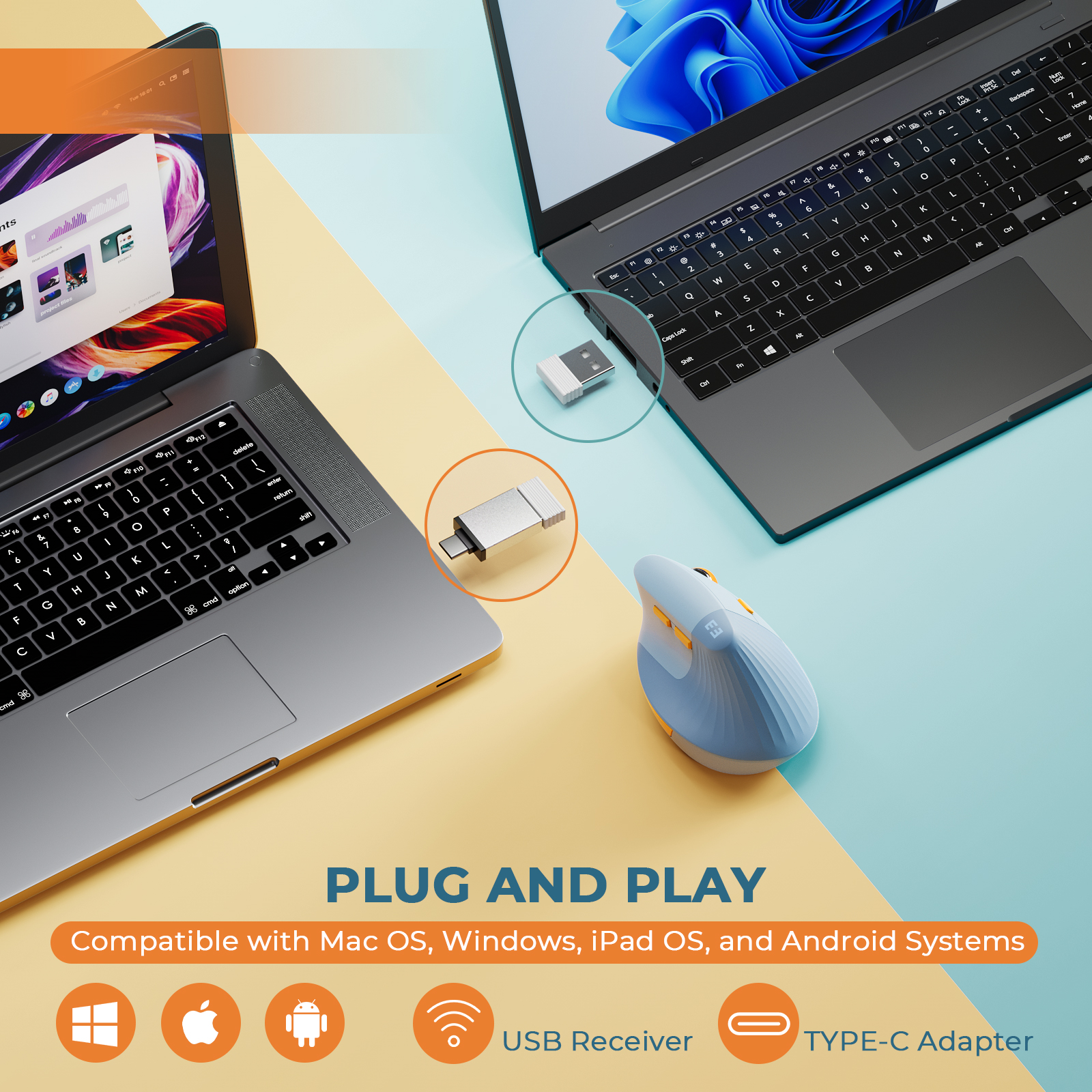 Vertikal trådlös mus, laddningsbar, usb- och typ-c-mus, ergonomiska möss för dator, bärbar dator, mac, ipad, os, windows  xp 7 10 11, android