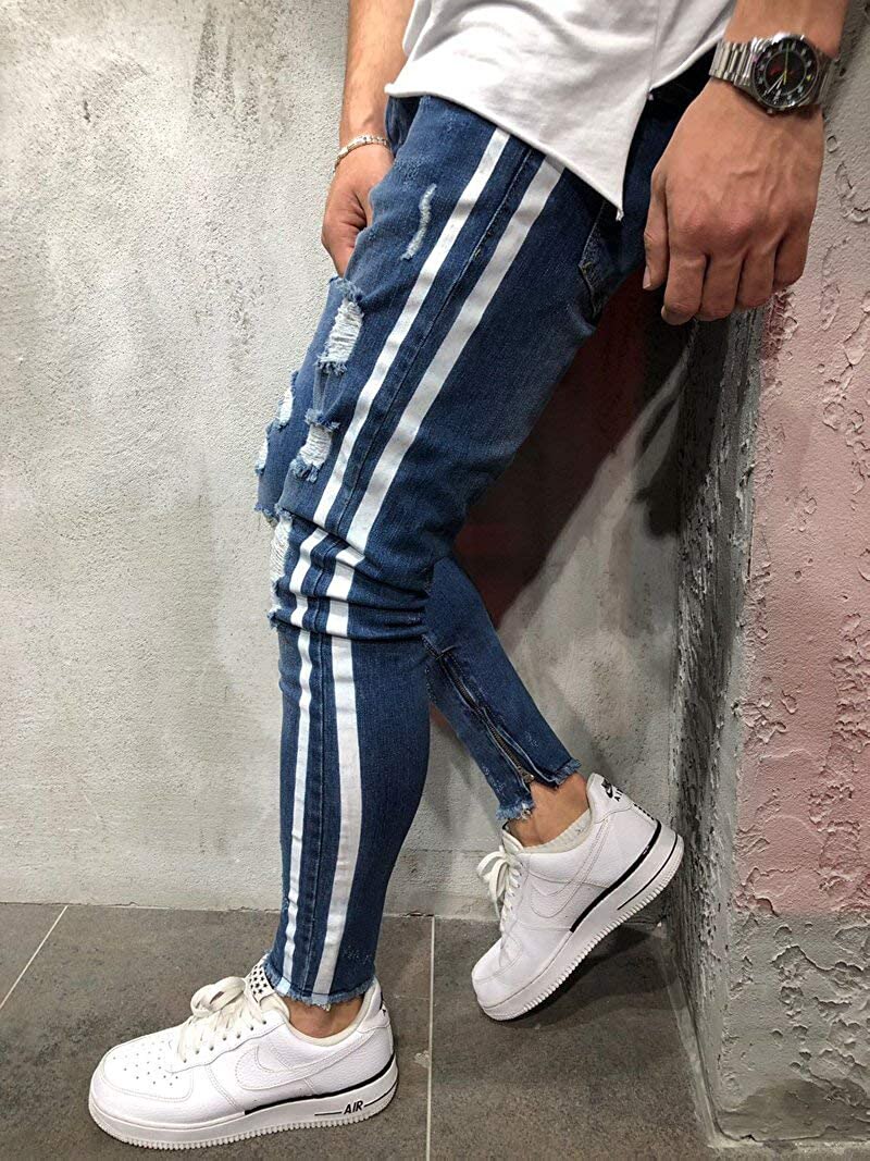 Jeans Men Ripped striped Skinny Jeans Blue Pencil Pants Motorcycle Party Casual Trousers Street Clothing 2022 Denim Man Clothin