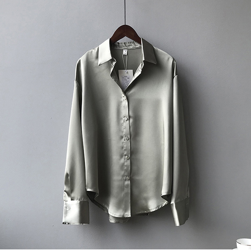 Vårskjorte med knapper i sateng og silke, vintagebluse, hvite topper, dame, lange ermer, løse gateskjorter, 11355: L / Grønn