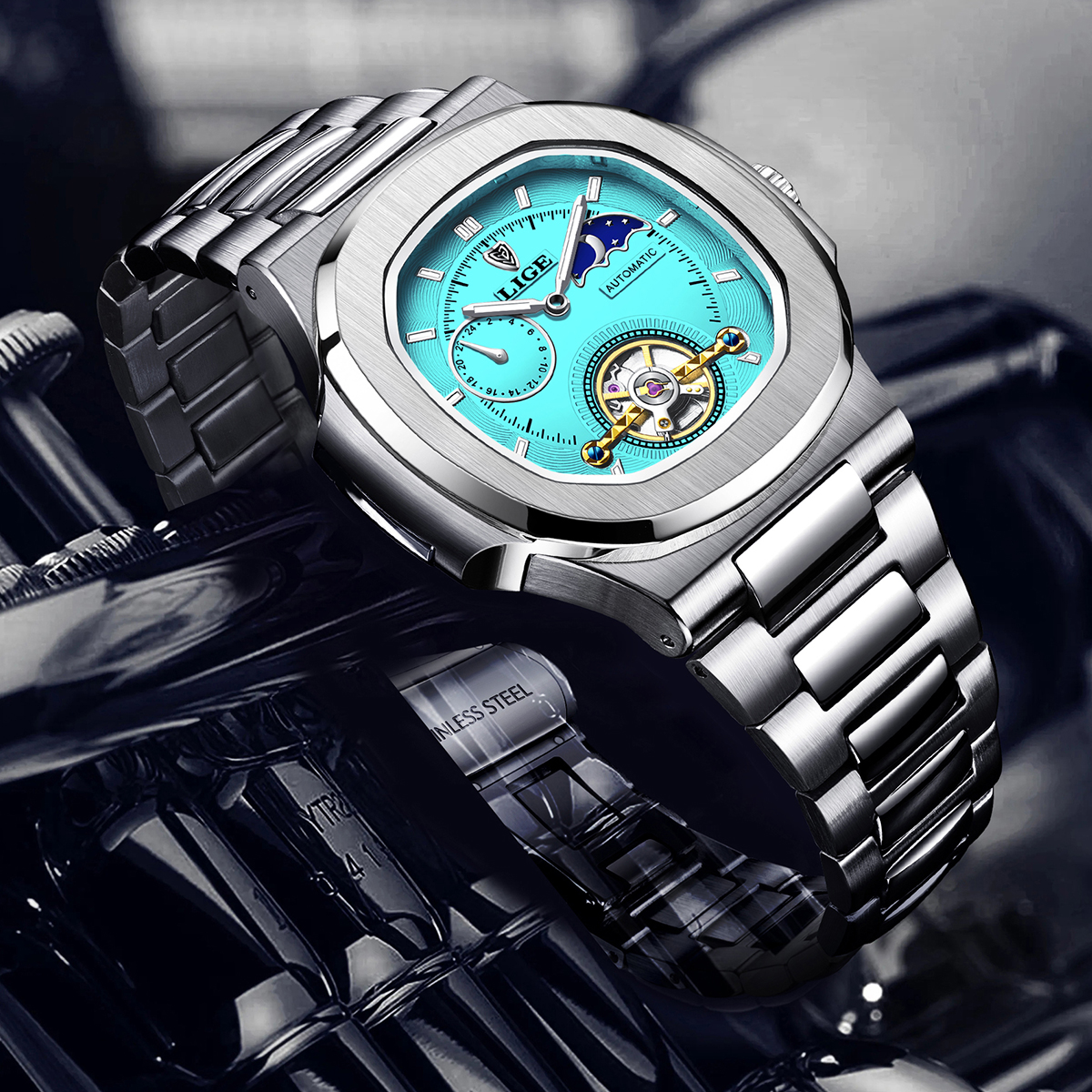 Reloj LIGE Tourbillon de doble segundo, reloj mecánico de 24 horas, reloj auténtico de acero inoxidable para hombre, reloj resistente al agua con brillo nocturno para hombre