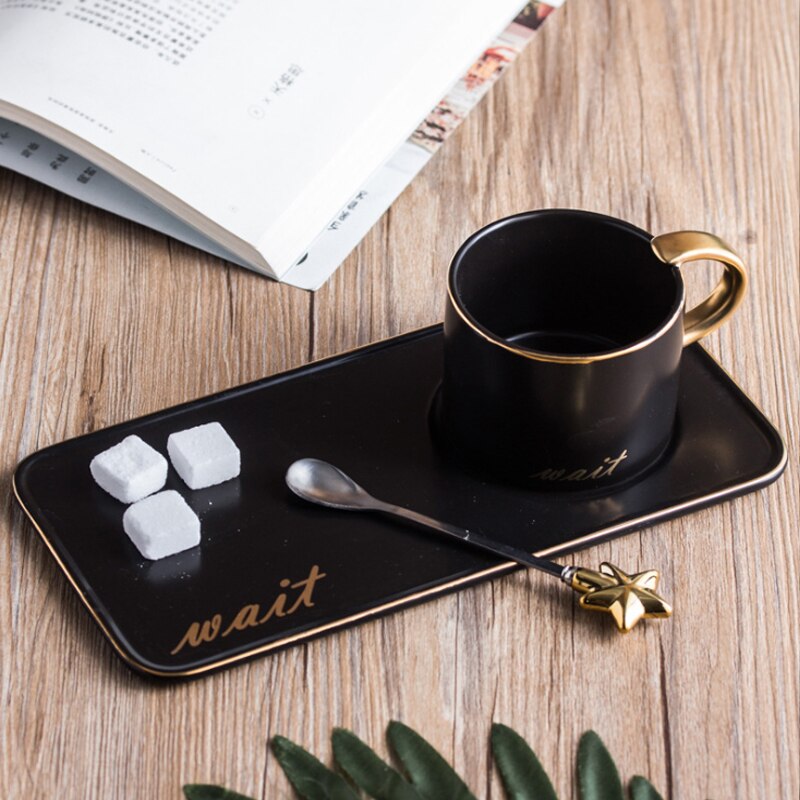 Northern Europe Luxurious Ceramic Coffee Mugs with Saucer Plate Spoon Set Milk Tea Cup for Birthday Afternoon Tea Snack: Black Set