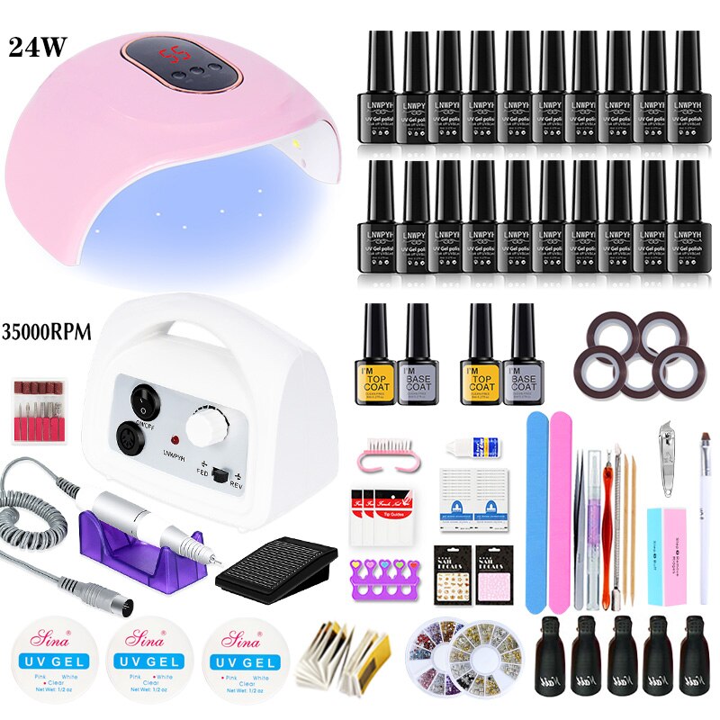 Manicure Set and Electric Nail Drill Machine with 114W UV Led Nail Lamp Drying Nail Set 30/20/18/10 Colors UV Nail Polish Kit: 24w 20 colors white