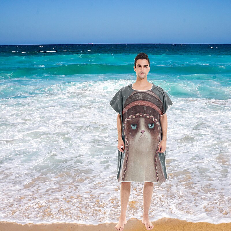 Vestido de toalla de playa con estampado de gato y dibujos animados, bata con capucha, Poncho, Toalla de baño para adultos, Surf en la playa, ropa de playa