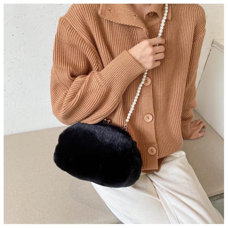Vrouwen Zachte Bont Crossbody Tassen Voor Vrouwen Luxe Handtas Effen Kleur Keten Schouder Tas Dag Koppelingen Portemonnees: Black