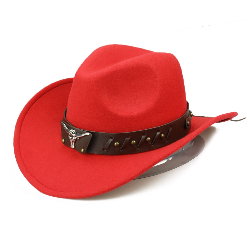 YY-casquette taureau à ceinture en cuir pour hommes et femmes, chapeau Cowboy en coton à bord large, à bord , pour hommes et femmes FD19060: Red Bull Hat