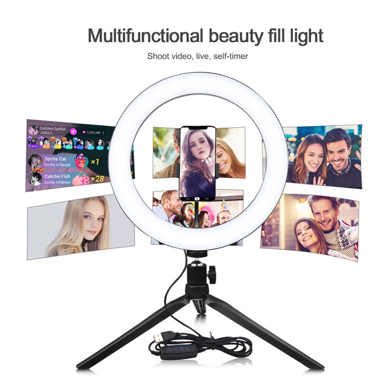 10 polegada led câmera de maquiagem selfie anel luz com suporte do telefone suporte grande fotografia luz anel lâmpada pode ser escurecido tripé para fotos