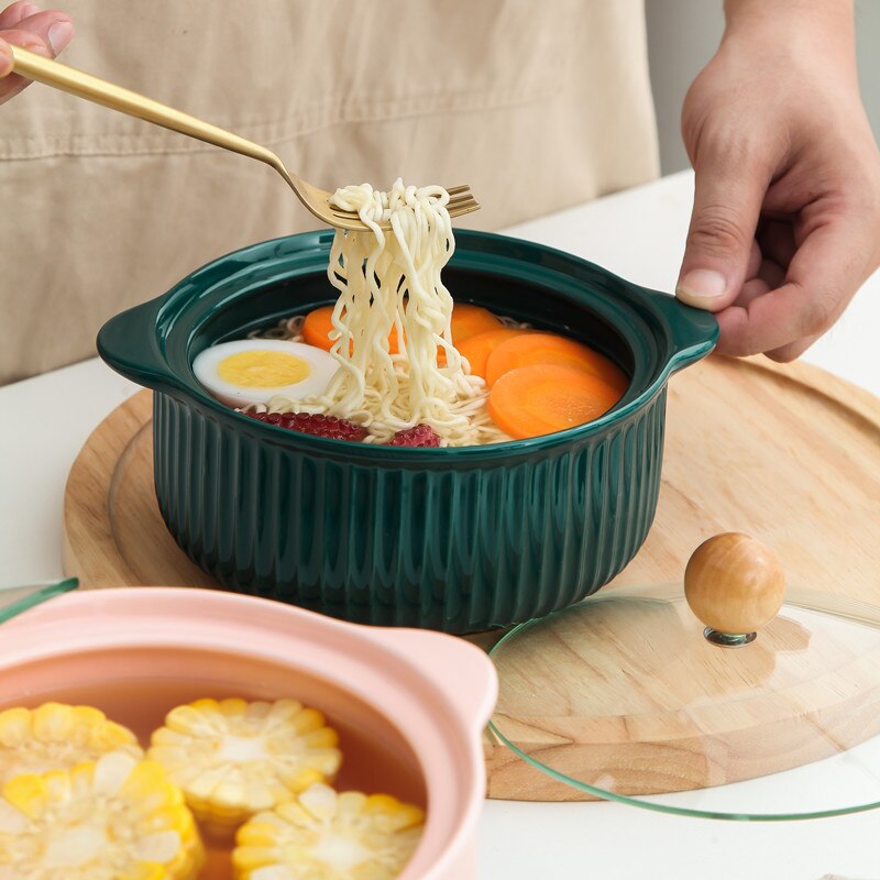 Huishoudelijke Hittebestendige Noodle Pot Binaural Keramische Slakom Soepkom Met Glazen Deksel Magnetron Gebruik Babyvoeding Kom