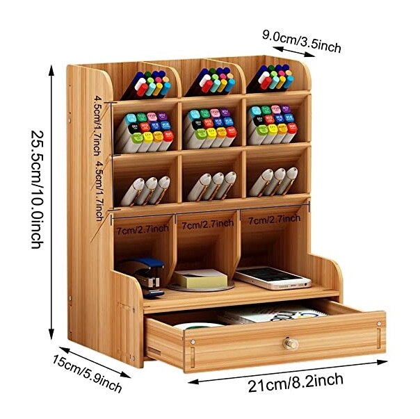 Organizador de mesa de madeira multi-funcional caneta titular caixa de desktop estacionário para o escritório em casa fornecimento rack de armazenamento com gaveta