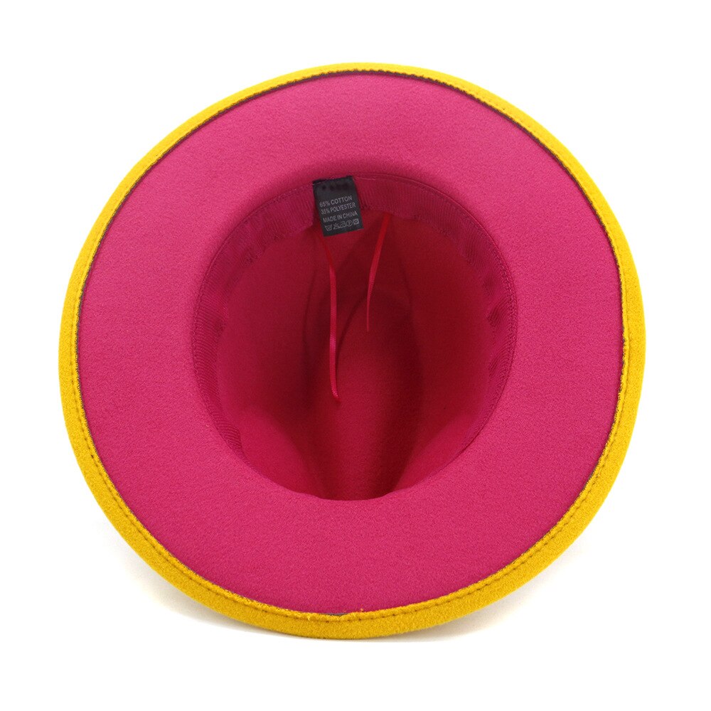 Qbhat Buitenste Geel Inner Pink Patchwork Jazz Vilten Hoed Vrouwen Mannen Brede Rand Panama Fedora Hoeden Met Vilt Band trilby Cap