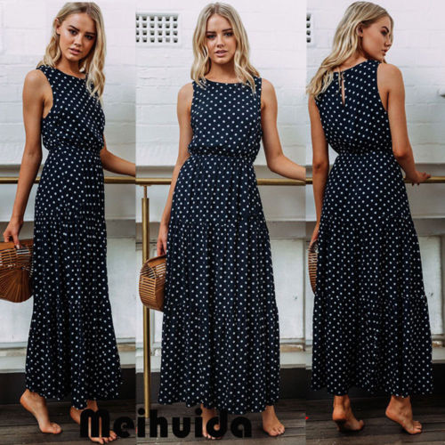 Bobo — Robe de longue et sans manches pour femmes, tenue de soirée et de plage ample, bleu foncé à imprimé pois, collection d&#39;été