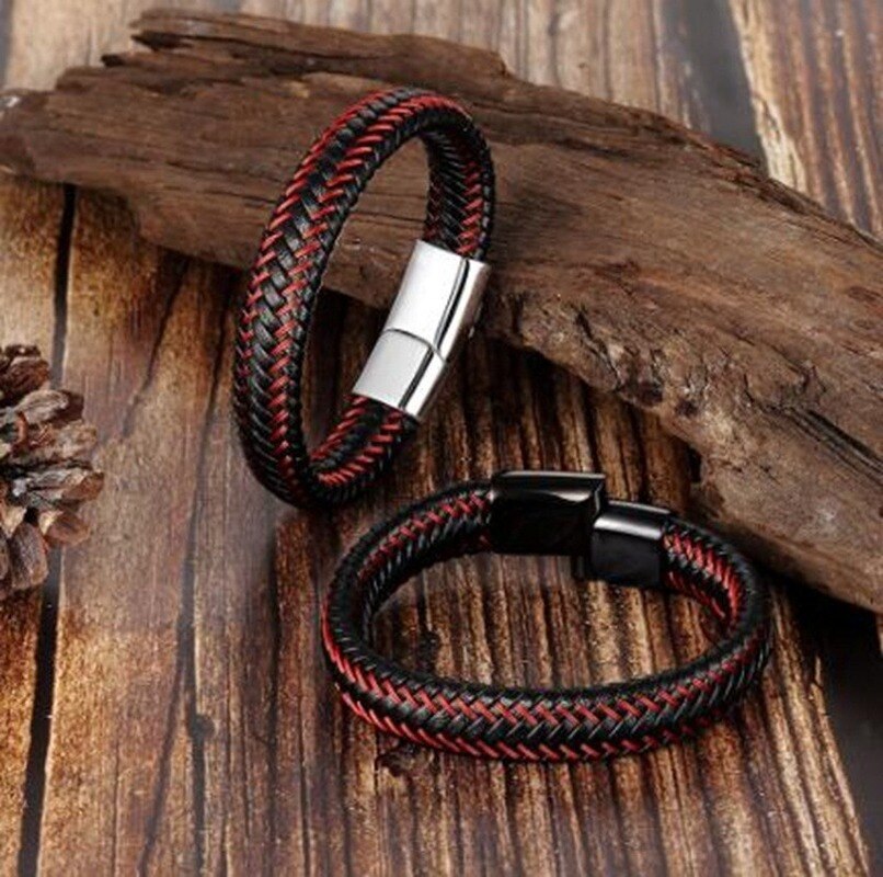Pulsera de cuero trenzado para hombre, pulsera de cierre magnético, Color Rojo