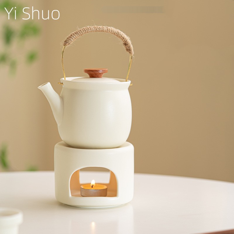Cream Yellow Teapot Tea Brewer Set Stove Candle Heating Ceramic Warm Tea Warm Roasted Tea Stove