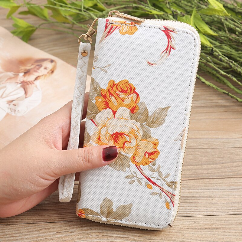 Women's Rose Print Wallet Long Handbag Wild Zipper Clutch Bag Multi-card Wallet Purse Card Holder cartera: Yellow