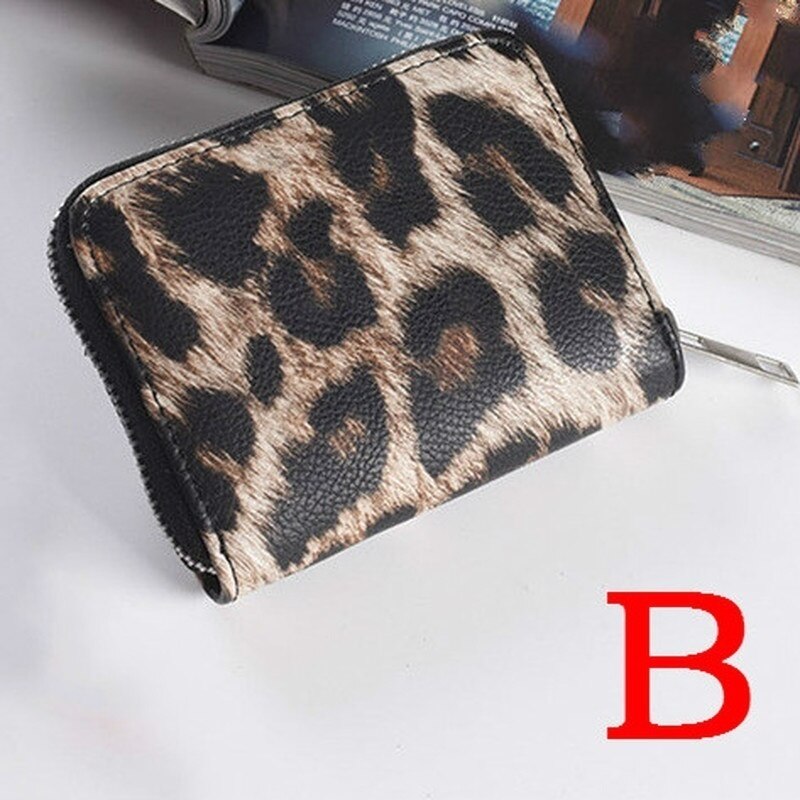 Carteira feminina leopardo curto impressão alça de pulso do plutônio zíper saco de grande capacidade multi-cartão slots saco do telefone móvel caso de cartão: B