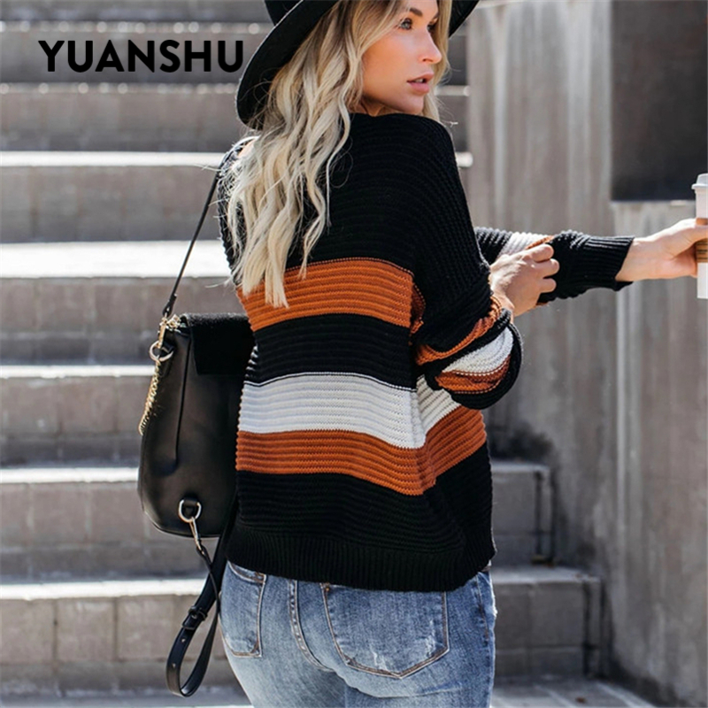 YUANSHU Pull Femme Casual Oranje Gestreepte Trui Vrouwen Warm Gebreide Trui Herfst Winter Losse Dames Tops Vrouwelijke Jumper