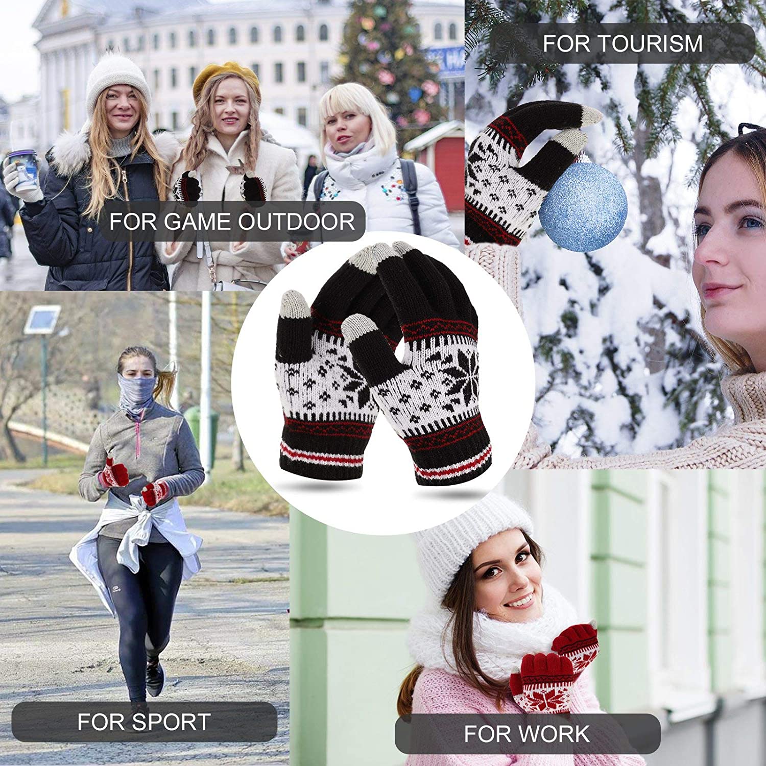 Outdoor Rijden Handschoenen Warme Winter Wol Gebreide Handschoenen Vrouwen En Mannen Sneeuwvlok Patroon Volledige Vinger Unisex Touch Screen handschoenen
