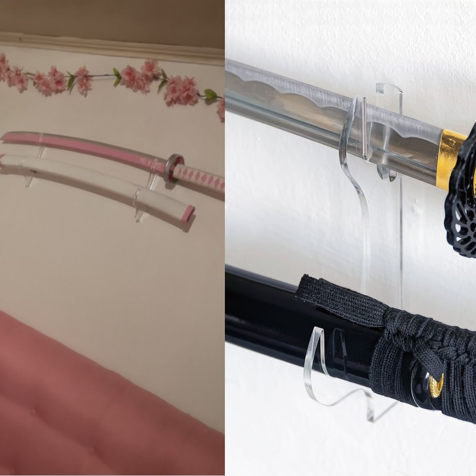 2Pk Acrylic Wall Mount Samurai Sword Hanger Holder Rack Acrylic Wall Mount Sword Hangers (Black or Clear)