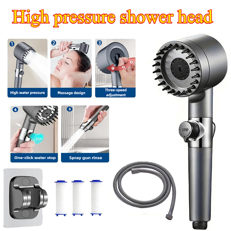 3 Mode High Pressure Shower Head Adjustable ShowerHead Filter With Massage Brush One-Key Stop Shower Bathroom Accessories