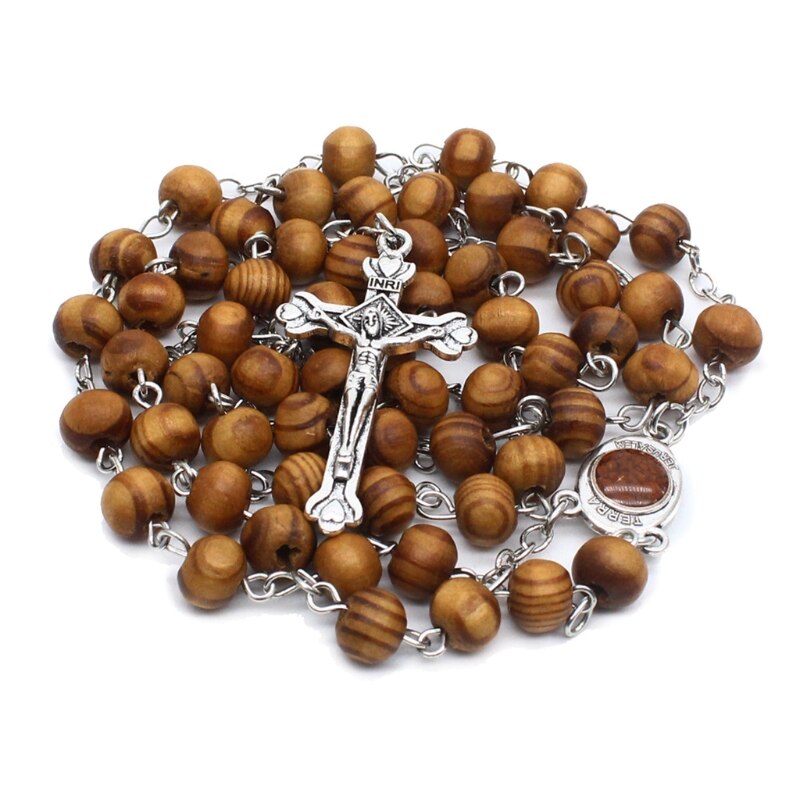 Retro Houten Rozenkrans Kralen Ketting Voor Vrouwen Cross Jezus Hanger Religieuze N1HA