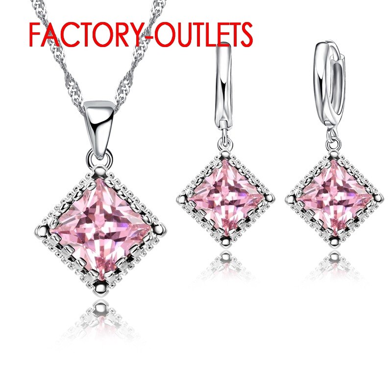 Nova joia fashion para decoração, colar, brincos de argola, conjunto 925, prata esterlina, quadrado, zircônia cúbica, festa feminina: Pink