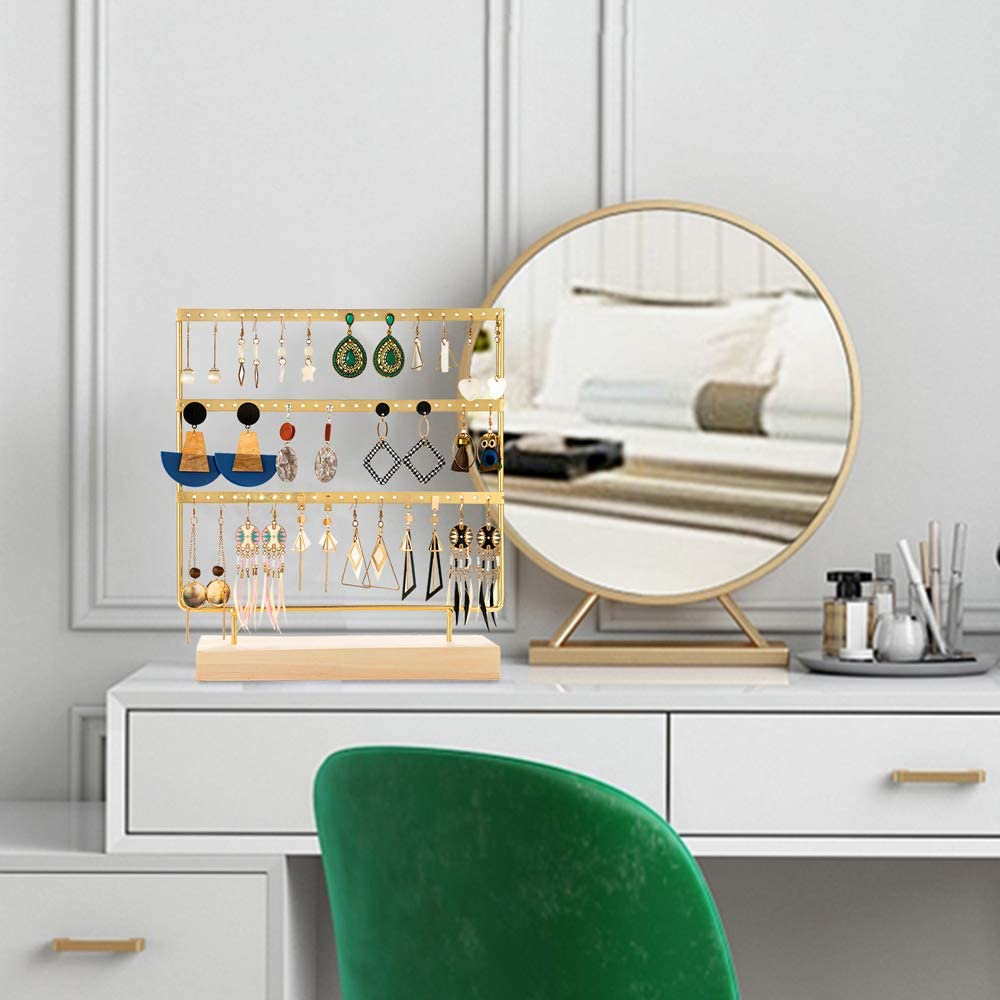 Oorbellenstandaard 3-- laags sieradenhouder organizer 69 gaten met houten basis displayrek voor vrouwen meisjes ho