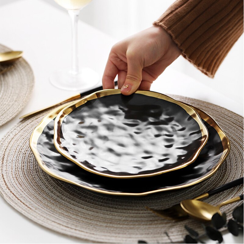 Ceramic Dinner Plate Gold Inlay Snack Dishes Luxury Gold Edges Plate Dinnerware Kitchen Plate Black White Tray TablEware Set