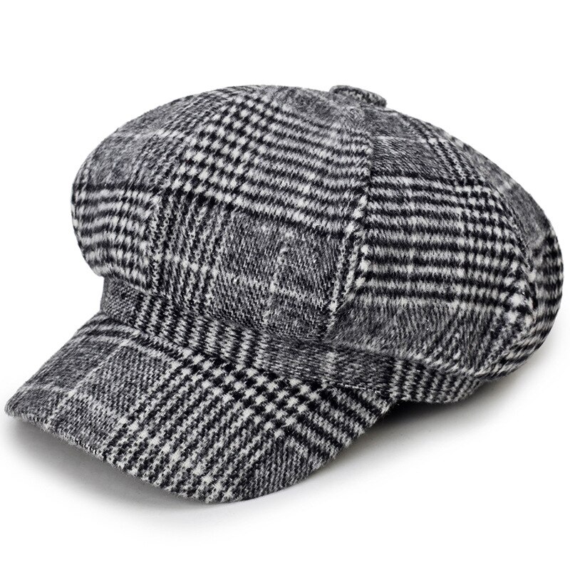 Women's Beret Newsboy Hat Autumn and Winter Casua Beret Imitation Woolen Plaid Octagonal Hat Women Caps