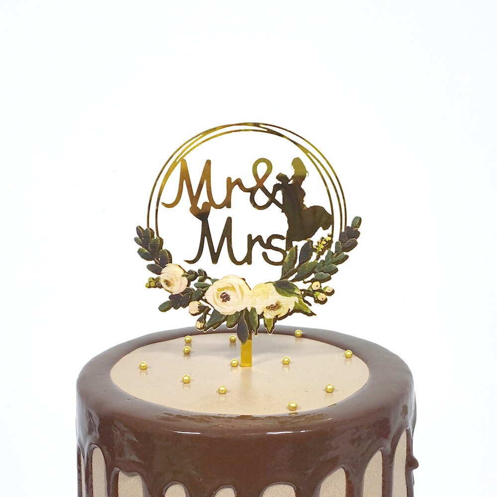 Gold Acrylic Flower Mr&amp;Mrs Wedding Cake Topper Annivesary Cake Decoration Party Favors Supplies Baking Accessories: SJHL0102