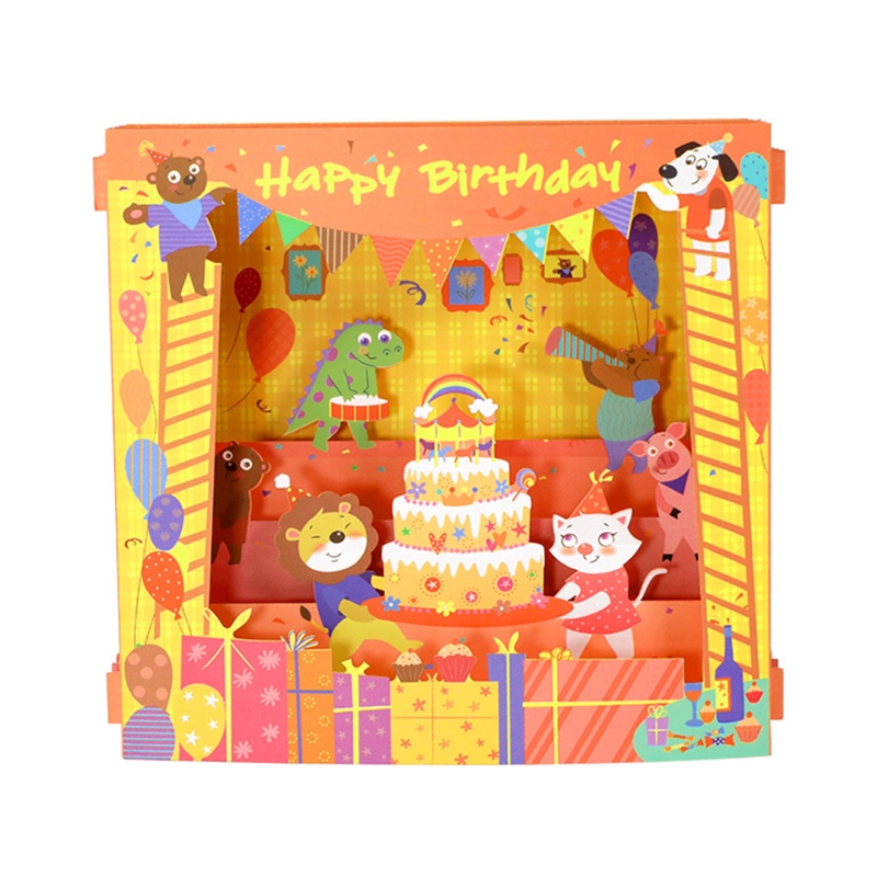 Handgemaakte 3D Pop Up Card Box Cartoon Cake Gelukkige Verjaardag Wenskaarten Met Envelop Voor Kids Kinderen Verjaardag