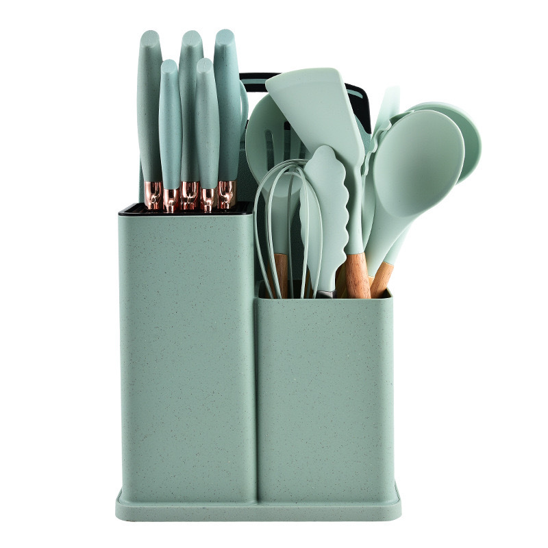 Utensilios de cocina de silicona con mango de madera, juego de ollas antiadherentes, Cubo de almacenamiento, 19 piezas: Verde