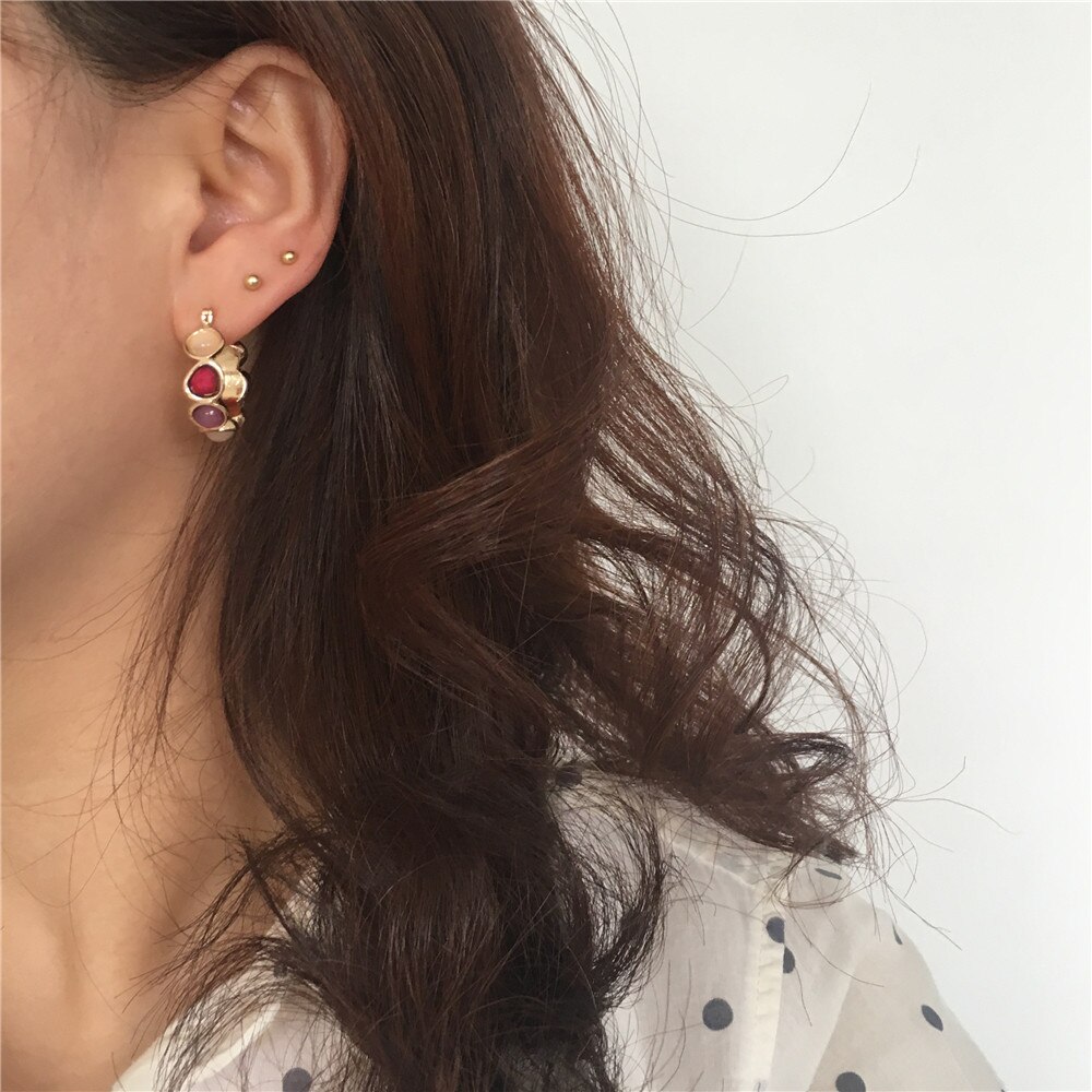 PRETTY WOMEN EARRINGS GOLD COLOR PLATING COLORFUL STONE HOOP EARRINGS