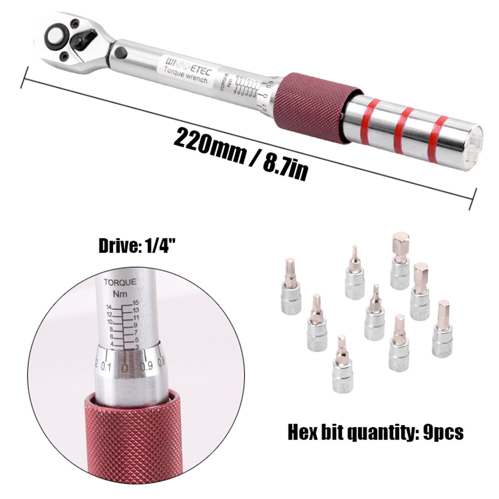 1/4 Inch Dr 2-15Nm Torque Wrench Hex Bit Set Mini Adjustable Road Carbon Hand Bicycle Bike Tool Kit With Pro Preset