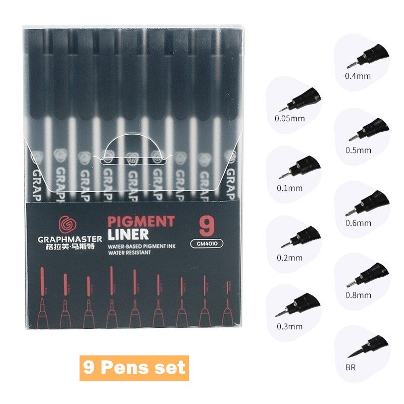 9 Different Tip Pigment Liner Pens Graphmaster Water Resistance Fine Point Art Brush Marker Drawing Sketch School H6204: 9 pens set
