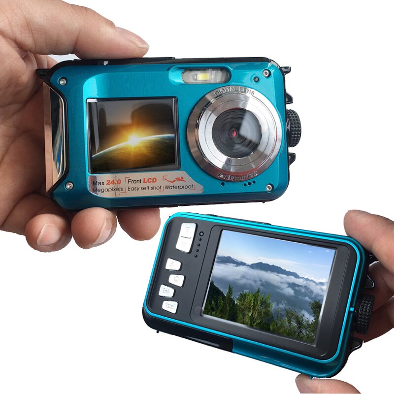 1080P Dual Screen Camera 2.7 inch TFT LCD Digital Camera Waterproof 24MP MAX 16x Digital Zoom Camcorder (DC998): Blue / with 16GB card