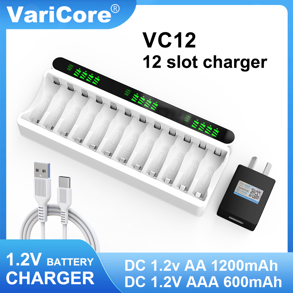 VariCore Neues intelligentes 12-Slot-Ladegerät VC12 Typ C speziell für 1,2 V AA/AAA Ni-MH/Ni-CD-Akku: Schwarz