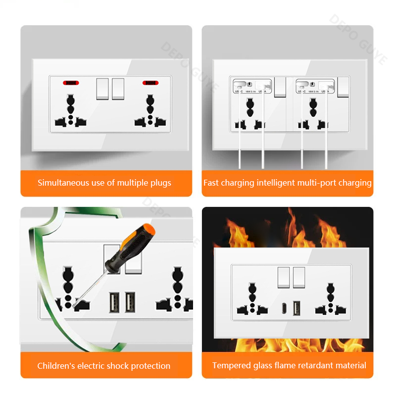 Universal Wall Socket 18W Type-C Fast Charging Plug Outlet,Glass Double 3-Pin Power Socket with DC 5V 3.1A Type-c USB Charger