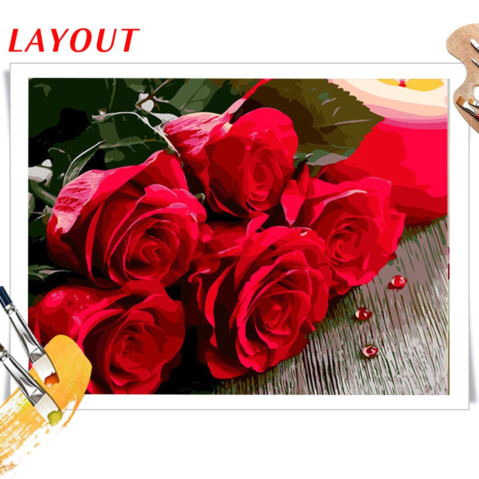 AZQSD Picture Oil Painting By Numbers Red Rose Painting By Number Flower Wall Art Home Decoration Kits Drawing Canvas