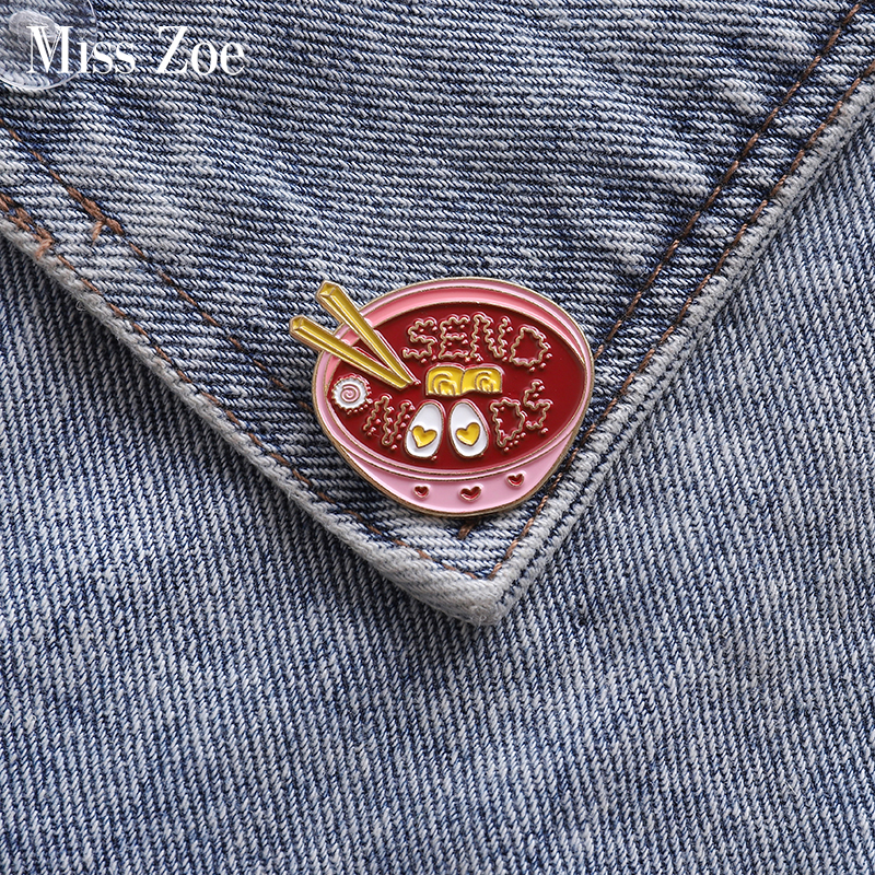 Eggs Ramen Enamel Pin Pink Bowl Noodles Badge Custom Brooches Bag Clothes Lapel pin Cartoon Food Jewelry for Kids Friends