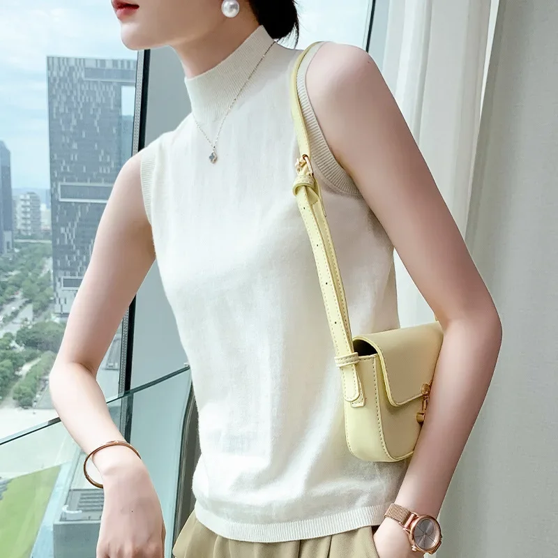 Kamgarn ren ull dame høst og vinter halvhøy krage kort slank passe innvendig basegenser ermeløs Vest dame