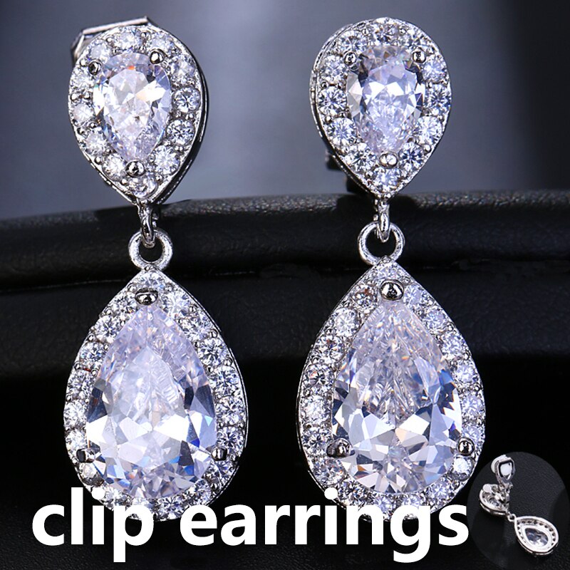 Leaf Zircon Clips Earrings for Women Silver Color Water Clip Earings Long Crystal Wedding Ear Cuff Jewelry: Clips White E721