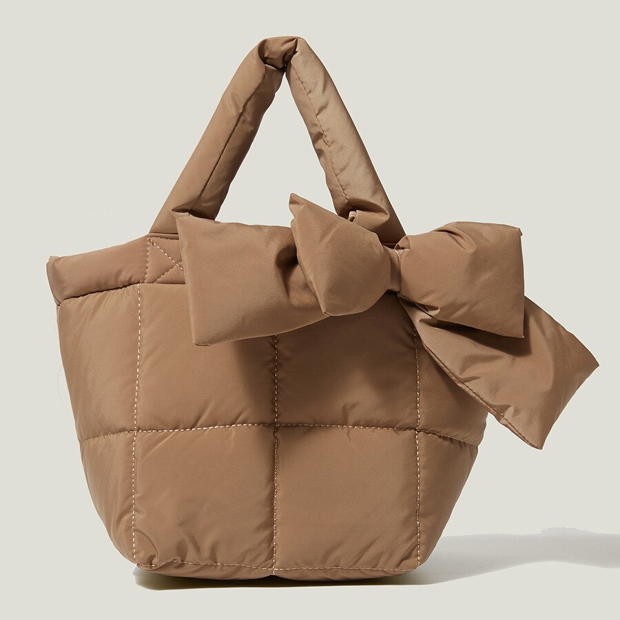 Wintertasche mit schleife, schultertasche für damen, wasserdichte nylontasche, gepolstert mit baumwolle und daunen