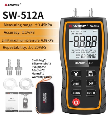 SNDWAY SW-512 Series Digital Manometer Air Pressure Gauge +-103.42 KPa 0.01 Resolution air pressure Differential Gauge Kit Tool: Gold
