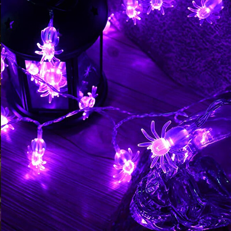 LED Purple Spider Light String Halloween Battery Box USB Transparent Spider Bat Insect Ghost Festival House Decoration Light