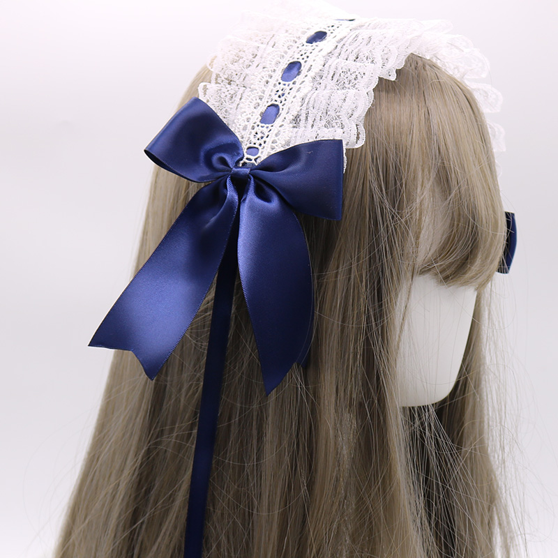 Petit bandeau Lolita japonais fait à la main, ornement pour cheveux de femme de ménage, clip latéral, accessoires pour cheveux doux: White And Dark Blue