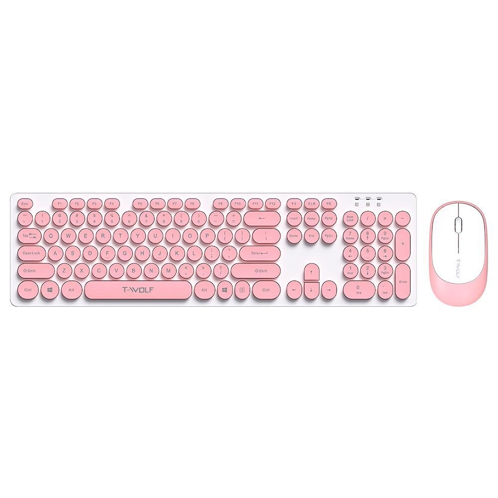 Thunder Wolf TF770 Wireless Keyboard and Mouse Set Punk Round Keycap Pink Girl Wireless Keyboard and Mouse for PC Laptop Office